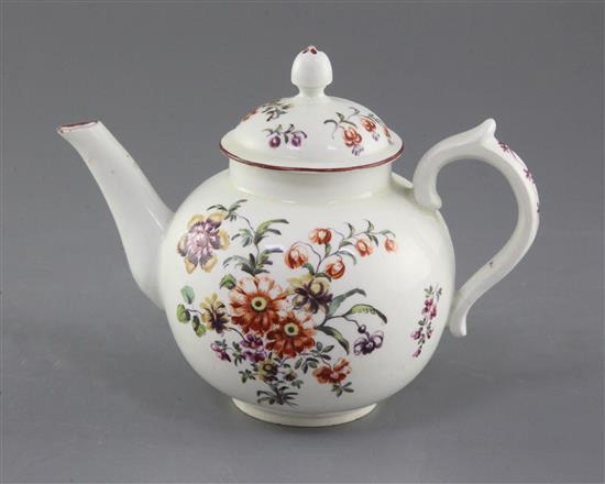 A rare Derby globular teapot and cover, c.1758, h. 13.5cm, handle re-attached